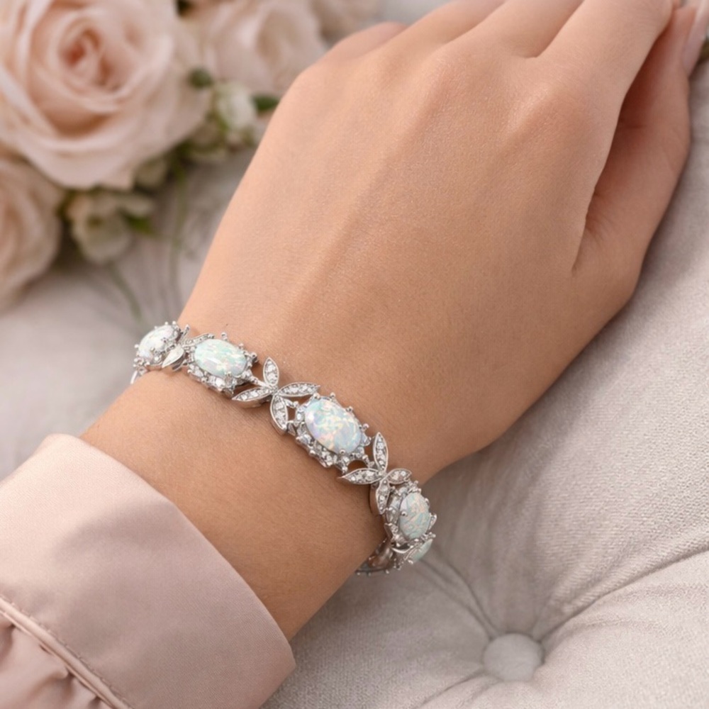 Elegant White Opal Oval Link Bracelet 18K White Gold Filled | 8”